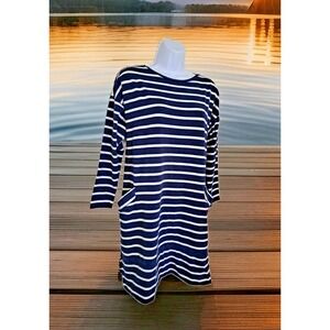 Marla Wynne Dress Sm Blue Striped Shift Pockets Casual Knit Nautical Resort Wear